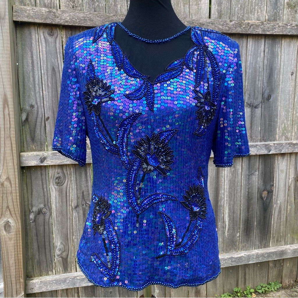 Vintage 80’s Stenay Blue Silk Beaded Sequin Floral Top